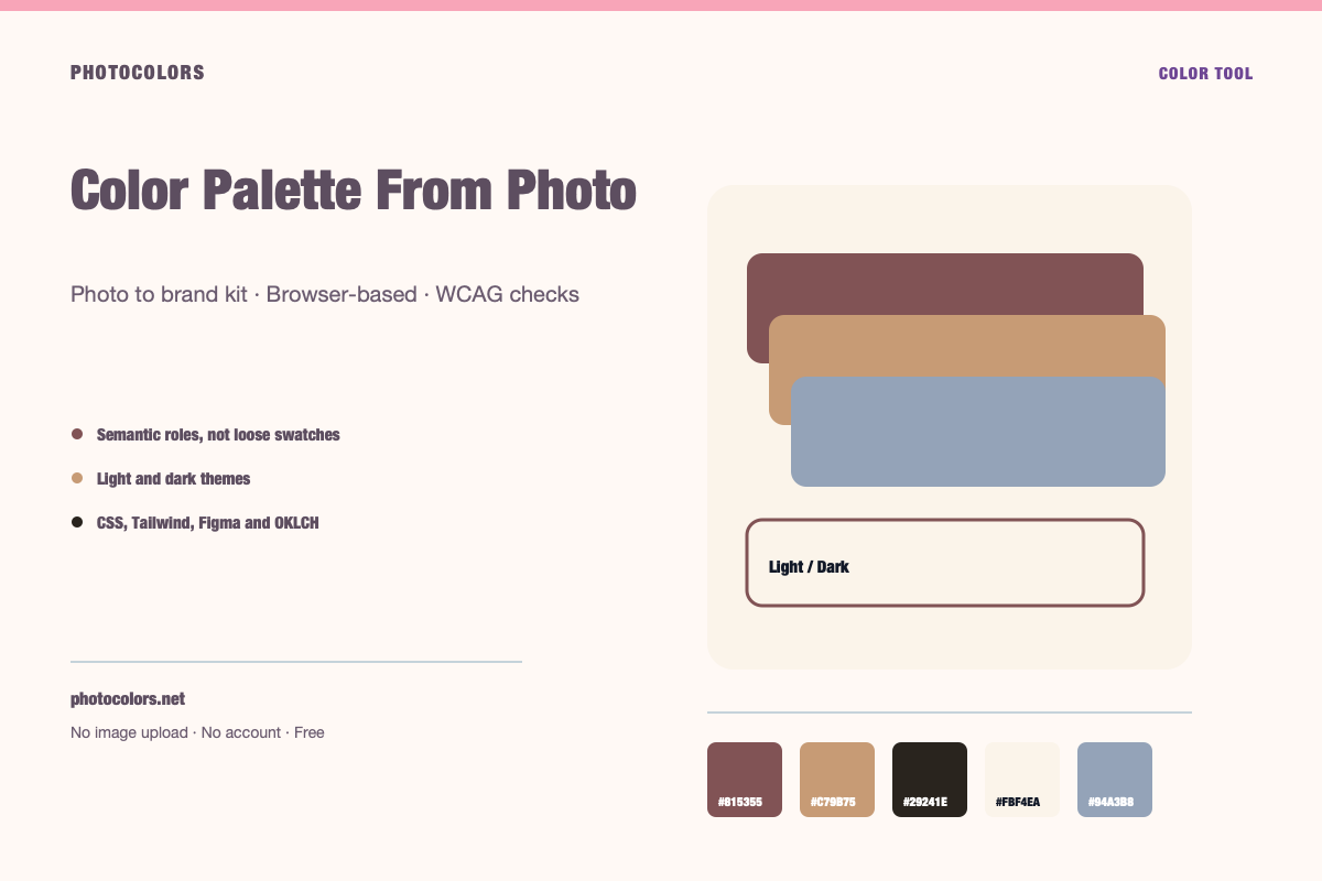 A landscape photograph with five sampled color chips and a light and dark interface preview