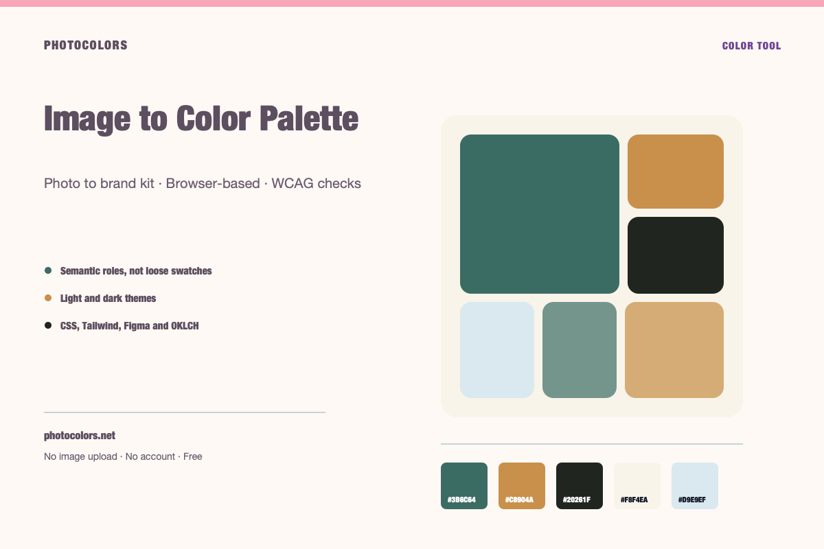 Five color swatches extracted from a photograph and arranged as a usable interface palette
